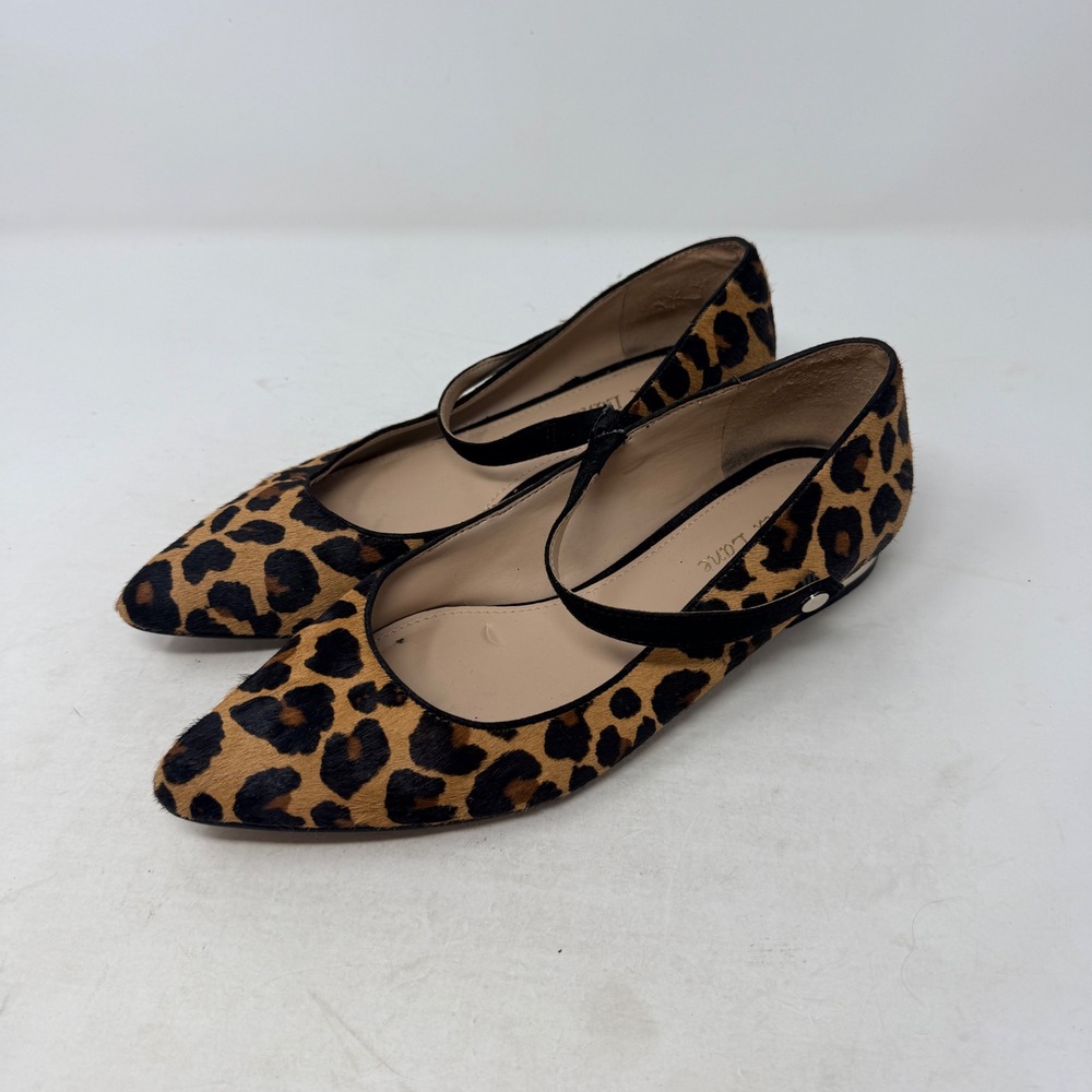 Essex Lane Leopard Print Calf Hair Mary Jane Point Toe‎ Flats Gold Heel Size 6.5